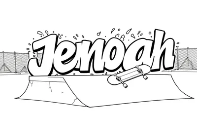 Kleurplaat van een skatepark met de naam Jenoah in graffiti-letters.