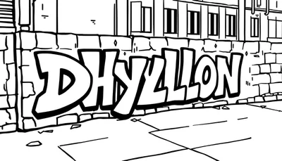 Kleurplaat van de naam Dhyllon in graffiti op een muur.