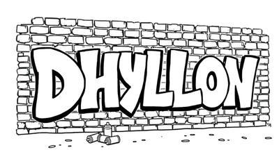 Kleurplaat van graffiti met de naam Dhyllon op een bakstenen muur.