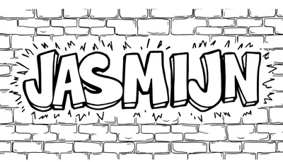 Kleurplaat met graffiti-letters 'JASMIJN' op een bakstenen muur.