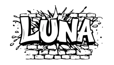 Kleurplaat met de naam LUNA in graffiti-stijl op een bakstenen muur.