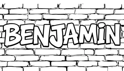 Graffiti letters van 'BENJAMIN' op een bakstenen muur, zwart-wit kleurplaat.