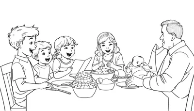 Zwart-wit kleurplaat van een gezin aan tafel met opa en oma.