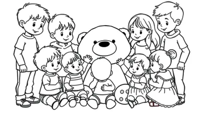Kleurplaat van kinderen rond een teddybeer