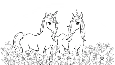 Kleurplaat van twee eenhoorns die elkaar aankijken in een veld met madeliefjes.