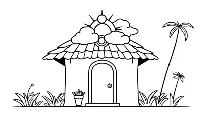 Kleurplaat van een schattig huisje met zon en planten.