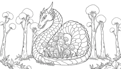 Een kleurplaat van een draak die om bloemen heen gewikkeld is in een bos.