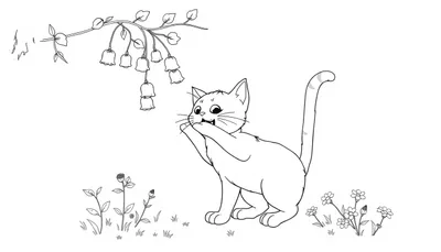 Kleurplaat van een speelse kat die bloemen ruikt in een tuin.