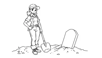 Kleurplaat van een meisje met een schop bij een graf, een vrouwelijke grafdelver.