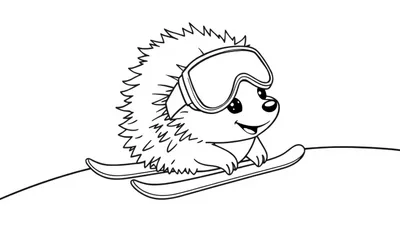 Zwart-witte kleurplaat van een lachende egel met ski-bril op ski's.