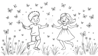 Kleurplaat van een jongen met een toverstaf en een meisje die dansen omringd door vlinders en bloemen.