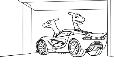 Kleurplaat van een sportwagen met twee Charizard-koppen.