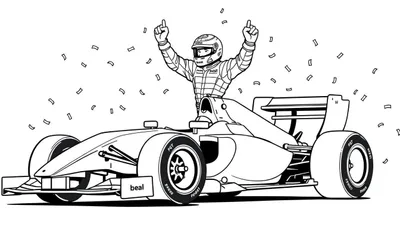 Zwart-wit kleurplaat van een coureur die op een raceauto staat met zijn armen omhoog, omringd door confetti.