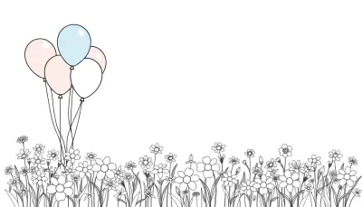Kleurplaat met vijf ballonnen en een bloemenveld.