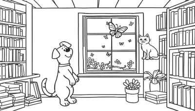 Kleurplaat van een gezellige leeshoek met dieren en bloemen.