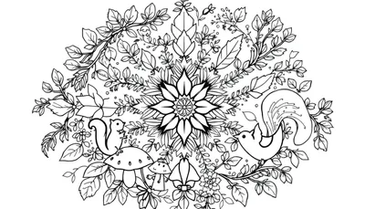 Zwart-wit mandala kleurplaat met bosdieren en planten.