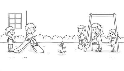 Kleurplaat van vrolijke kinderen die in een tuin spelen bij een glijbaan en schommel.