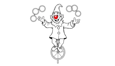 Een vrolijke clown op een eenwieler, jonglerend met ringen, kleurplaat.