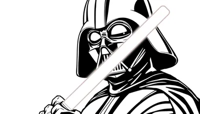 Kleurplaat van Darth Vader met een witte lightsaber, boos kijkend.