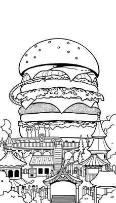 Kleurplaat: Een gigantische, meerlaagse hamburger met sla, kaas en vlees, zwevend boven het Efteling pretpark met een achtbaan eromheen en mensen beneden.