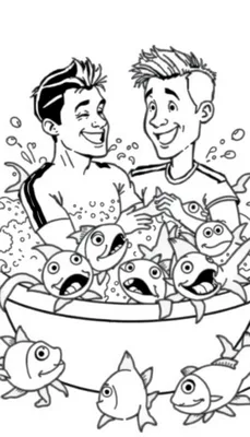 Een kleurplaat met twee lachende mannen in een schuimbad met vrolijke vissen.