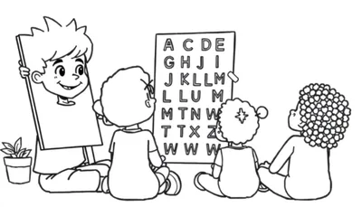 Kleurplaat van een jongen met een mullet die les geeft aan kinderen met een alfabetkaart.