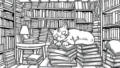 Kleurplaat van een slapende kat op boeken in een bibliotheek.