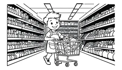 Zwart-wit kleurplaat van een jongen die een winkelwagentje duwt.