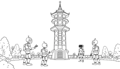 Een kleurplaat van robots die naar een toren in een futuristische Efteling kijken.