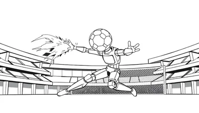 Zwart-wit kleurplaat van een voetbalrobot met een voetbal als hoofd, die in een stadion een schot blokkeert.