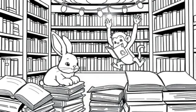 Zwart-wit kleurplaat van een bibliotheek met dieren en boeken.