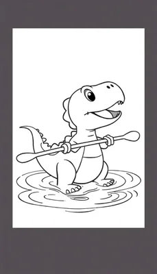 Een zwart-wit cartoon van een vrolijke kleine dinosaurus die met een roeispaan peddelt in water, als een kleurplaat.