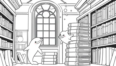 Kleurplaat van een bibliotheek met twee dolfijnen tussen de boeken.