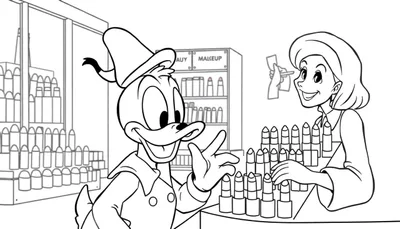 Kleurplaat van Donald Duck die lippenstift kiest in een winkel.