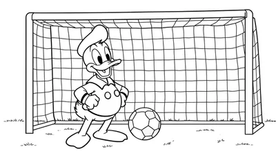Donald Duck als keeper voor een voetbaldoel, klaar voor een penalty, als kleurplaat.