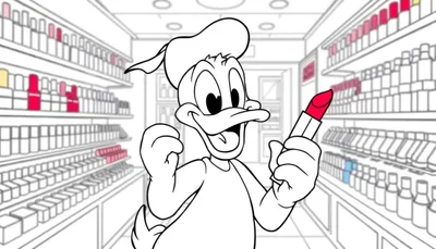 Donald Duck met een rode lippenstift in een winkel, onderdeel van een kleurplaat.