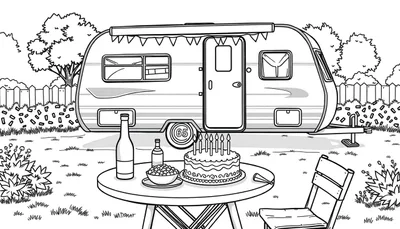 Kleurplaat van een feestelijke 65e verjaardag met een camper, taart en slingers.