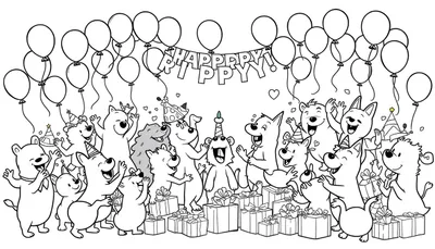Kleurplaat van vrolijke dieren die een verjaardagsfeest vieren met ballonnen en cadeaus.