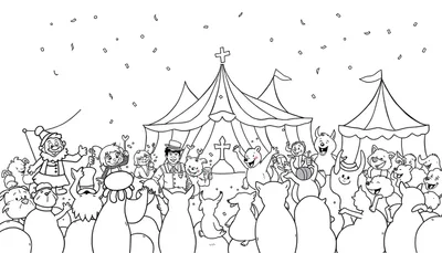 Zwart-wit kleurplaat van een vrolijk circusfeest met tenten, confetti en een menigte van mensen en dieren.