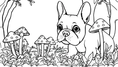 Een zwart-wit kleurplaat van een Franse bulldog in een bos.