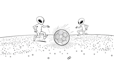 Zwart-wit kleurplaat van twee aliens die voetbal spelen op een sterrenveld.