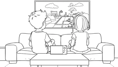 Kleurplaat van kinderen die gamen op een Switch