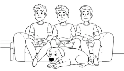 Kleurplaat van Gijs, Rutger en Thomas met hond Paco op een bank.