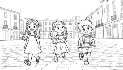 Kleurplaat: drie kinderen, een ouder meisje, een jonger meisje met ijsje en een jongen, op een Italiaans stadsplein met gebouwen op de achtergrond.