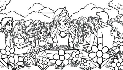 Kleurplaat van een vrolijk verjaardagsfeestje met een jarig meisje, taart, bloemen en vrolijke gasten.