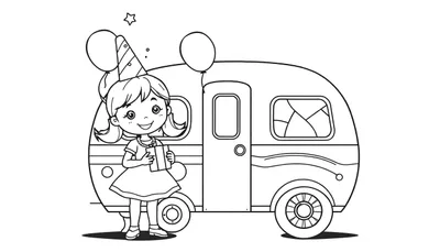 Zwart-wit tekening van een jarig meisje met een feestmuts en een cadeau bij een caravan, met ballonnen erboven. Een leuke kleurplaat!