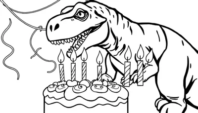 Een zwart-wit kleurplaat van een T-rex die boven een verjaardagstaart staat met zes kaarsen en slingers.