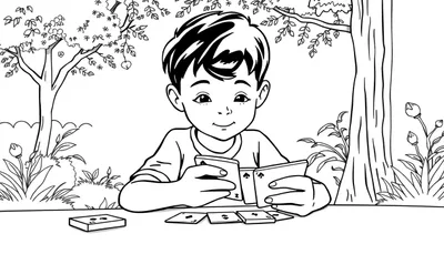 Zwart-witte kleurplaat van een jongen die buiten kaarten speelt bij een tafel.