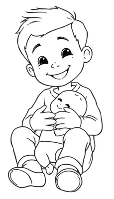 Kleurplaat van Joris die de baby vasthoudt met een brede glimlach.
