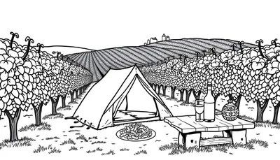 Een tent en tafel in een wijngaard, als een kleurplaat.